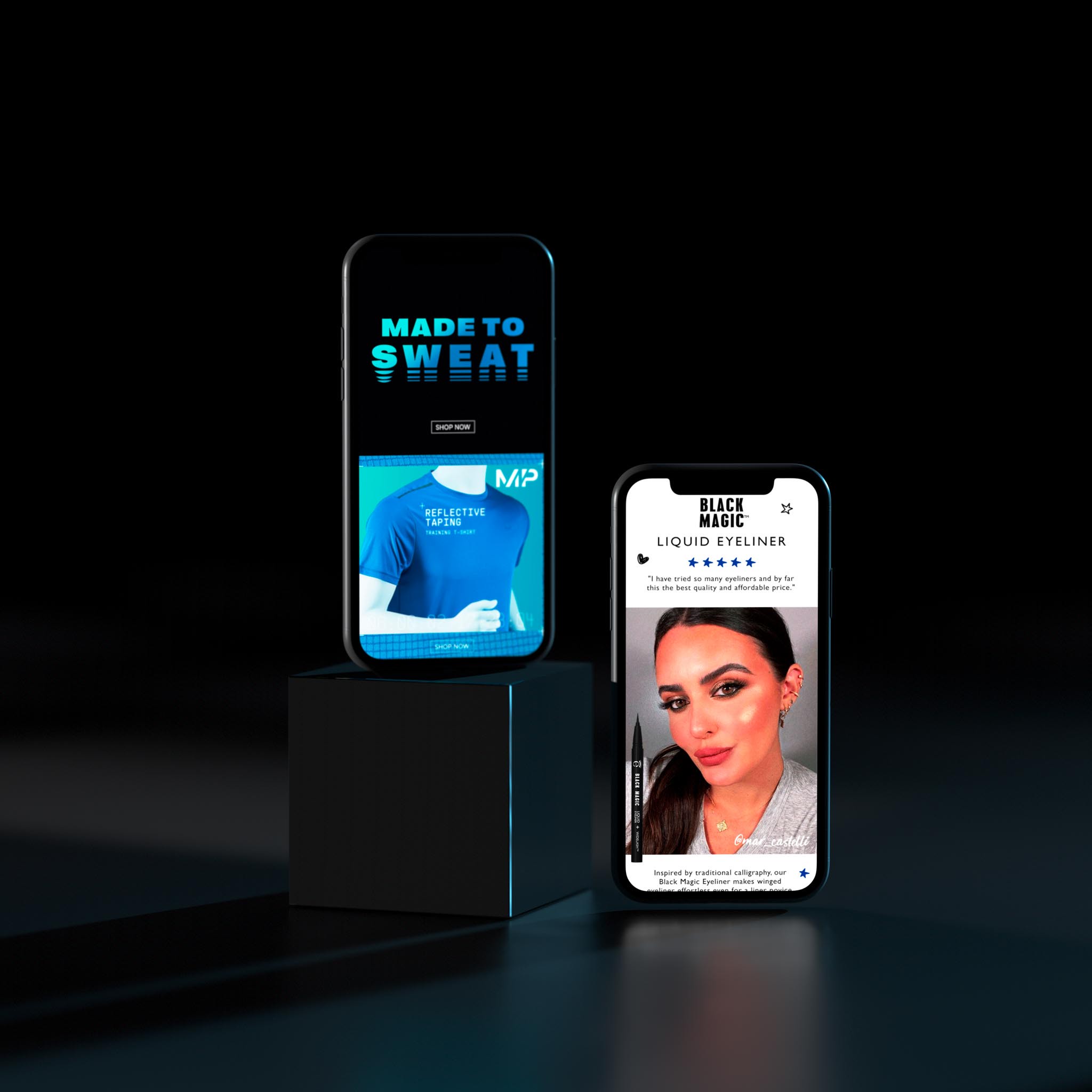 Mobile phones on black background featuring the MyProtein and Eyeko websites